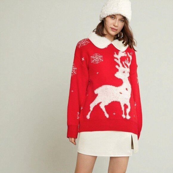 NWT J.ING Jing Red Pullover Oversize Christmas Sweater w/ White Collar One Size - Picture 2 of 9
